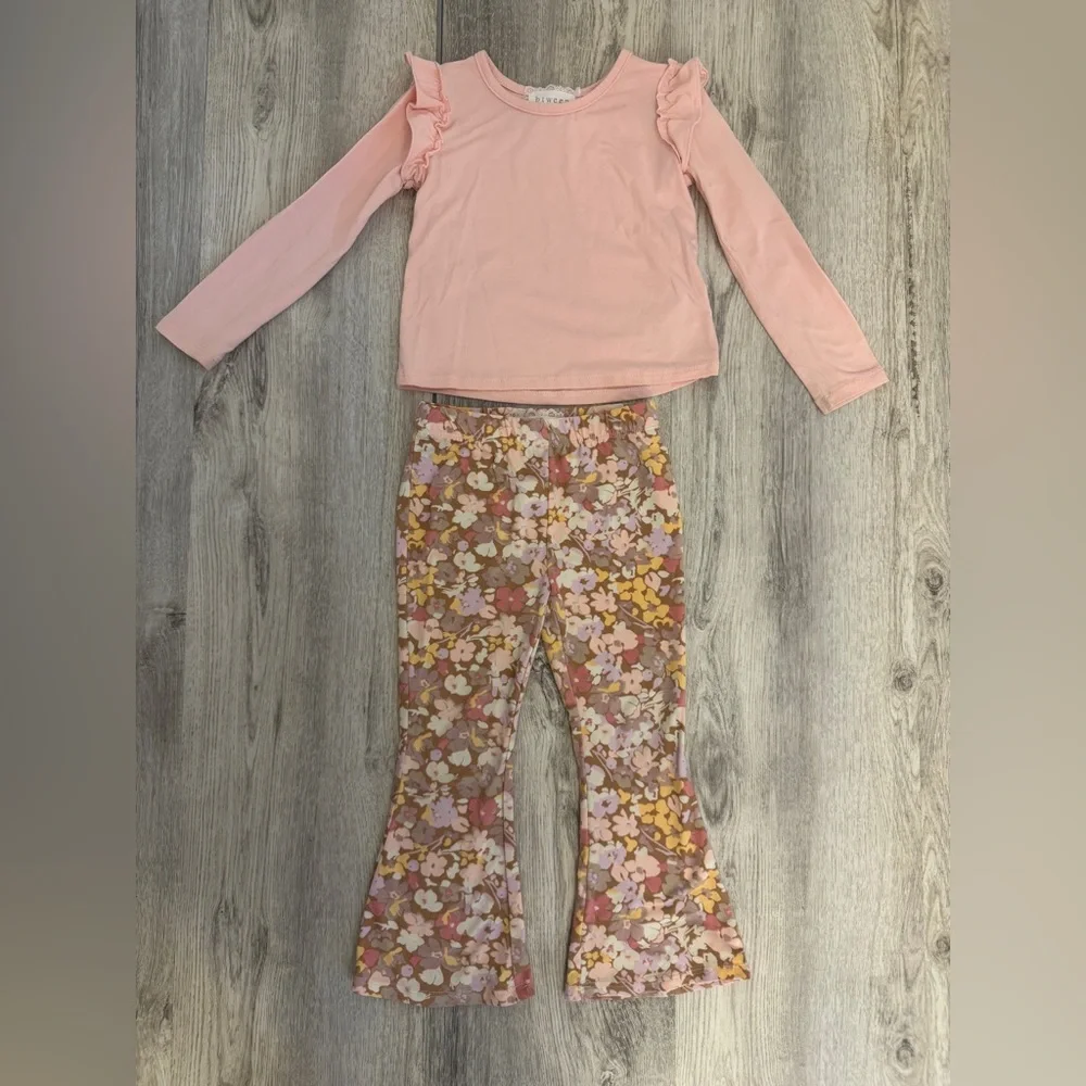 Pink Ruffle Top and Floral Pants Set - Picture 1 of 8